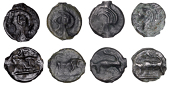 British Iron Age, CANTII, cast Potin Units (4), Evans Bull [Left] type (2), head of Apollo left, rev. butting bull...