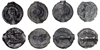 British Iron Age, CANTII, cast Potin Units (4), Evans Bull [Left] type (2), head of Apollo left, rev. butting bull...