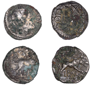 British Iron Age, ATREBATES and REGNI, Epaticcus (c. AD 20-40), plated silver Unit, Victory type, Victory seated...