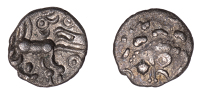 British Iron Age, DOBUNNI, Uninscribed issues, silver Unit, Cotswold Eagle type, moon head right, pelleted crescents...