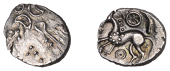British Iron Age, ICENI, Uninscribed issues, silver Unit, Crescent Corn Ears type, opposing crescents and pellet in...
