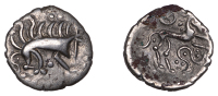 British Iron Age, ICENI, Uninscribed issues, silver Unit, Norfolk Boar Phallic type, stylised boar right, single...