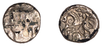 British Iron Age, EAST WILTSHIRE, Uninscribed issues, plated gold Quarter-Stater, Dahlia Horse Left type, blundered...