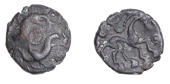British Iron Age, NORTH EAST THAMES, Uninscribed issues, bronze Unit, Two Boars type, opposed boars, wheel between,...