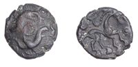 British Iron Age, NORTH EAST THAMES, Uninscribed issues, bronze Unit, Two Boars type, opposed boars, wheel between,...