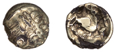 British Iron Age, NORTH EAST THAMES, Uninscribed issues, plated gold Quarter-Stater, Little Horned Serpent [Southern...