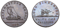 18th Century Tokens, HAMPSHIRE, Basingstoke, John Pinkerton, Mynd’s Shilling, 1789 [7 over 8], barge, rev....