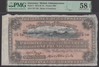 States of Guernsey, £1, 1 November 1917, serial number C/W 736, hand-written signatures of Hubert George de...