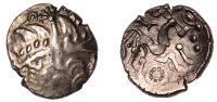 British Iron Age, BELGAE, Uninscribed issues, gold Stater, British Q [Cheriton Wheel], devolved head of Apollo...