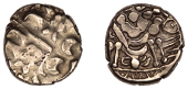 British Iron Age, BELGAE, Uninscribed issues, British D [Chute Type], devolved head of Apollo right, rev. disjointed...