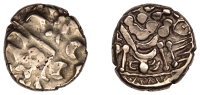British Iron Age, BELGAE, Uninscribed issues, British D [Chute Type], devolved head of Apollo right, rev. disjointed...
