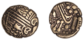 British Iron Age, BELGAE, Uninscribed issues, gold Stater, British D [Cheriton Smiler type], wreath split by three...