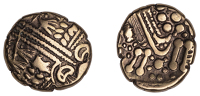 British Iron Age, BELGAE, Uninscribed issues, gold Stater, British D [Cheriton Smiler type], wreath split by three...