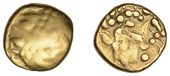 British Iron Age, REGNI, Uninscribed issues, gold Stater, Sills Insular Cf type, devolved head of Apollo right, rev....
