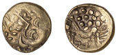 British Iron Age, BELGAE, Uninscribed issues, gold Stater, British B [Chute type], devolved head of Apollo right,...
