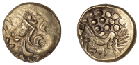 British Iron Age, BELGAE, Uninscribed issues, gold Stater, British B [Chute type], devolved head of Apollo right,...