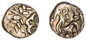 British Iron Age, CORIELTAUVI, Uninscribed issues, gold Stater, North East Coast Sun type, wreath, cloak and...