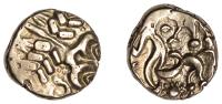 British Iron Age, CORIELTAUVI, Uninscribed issues, gold Stater, North East Coast Sun type, wreath, cloak and...