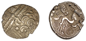 British Iron Age, BELGAE, Uninscribed issues, gold Stater, British Qa Derivatives [Ladder Mane] type, wreath, cloak...
