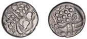 British Iron Age, DUROTRIGES, Uninscribed issues, silver Stater, Spread Tail type, devolved head of Apollo, rev....