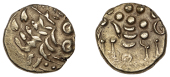 British Iron Age, CATUVELLAUNI, Uninscribed issues, gold Stater, Westerham North type, devolved head of Apollo...