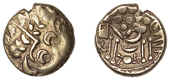 British Iron Age, BELGAE, Uninscribed issues, gold Stater, British B [Chute type], devolved head of Apollo right,...