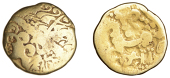 British Iron Age, GALLO-BELGIC, Bellovaci, c. 150-75 BC, gold Stater, Broad Flan [Left] type, flamboyant laureate...