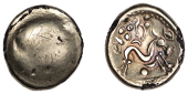 British Iron Age, GALLO-BELGIC, Ambiani, plated Stater, series E, Gallic War Uniface type, plain shallow dome, rev....