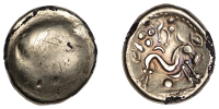 British Iron Age, GALLO-BELGIC, Ambiani, plated Stater, series E, Gallic War Uniface type, plain shallow dome, rev....