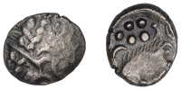 British Iron Age, ICENI, Uninscribed issues, base gold Stater, British J [Norfolk Wolf Left type], wreath, cloak and...