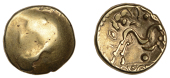 British Iron Age, GALLO-BELGIC, Ambiani, gold Stater, series E, Gallic War Uniface type, plain shallow dome, rev....