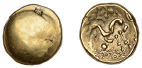 British Iron Age, GALLO-BELGIC, Ambiani, gold Stater, series E, Gallic War Uniface type, plain shallow dome, rev....
