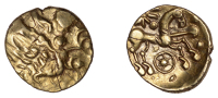 British Iron Age, ATREBATES and REGNI, Uninscribed issues, gold Quarter-Stater, Selsey Dahlia No Mane type, wreath...