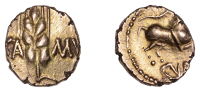 British Iron Age, CATUVELLAUNI and TRINOVANTES, Cunobelin (c. AD 8-41), gold Quarter-Stater, Wild B type, ear of...