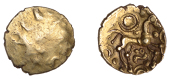 British Iron Age, DOBUNNI, Uninscribed issues, gold Quarter-Stater, Sunburst Little Horse type, trace of wreath,...