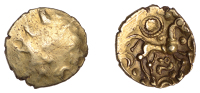 British Iron Age, DOBUNNI, Uninscribed issues, gold Quarter-Stater, Sunburst Little Horse type, trace of wreath,...