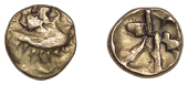 British Iron Age, DUROTRIGES, Uninscribed issues, gold Quarter-Stater, Duro Boat Gold type, ‘three men in a...