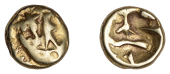 British Iron Age, GALLO-BELGIC, Uninscribed issues, gold Quarter-Stater, series D [Boat Tree type], ‘two men in a...