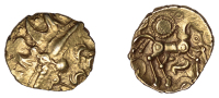 British Iron Age, DOBUNNI, Uninscribed issues, gold Quarter-Stater, Sunburst Little Horse type, wreath, spike with...