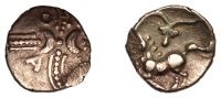 British Iron Age, CATUVELLAUNI, Andoco (c. 20-1 BC), gold Quarter-Stater, Crescent Wreath type, crossed wreaths, one...