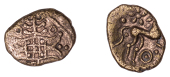 British Iron Age, ICENI, Uninscribed issues, gold Quarter-Stater, Irstead Wildflower type, latticed square on two...