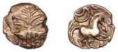 British Iron Age, ICENI, Uninscribed issues, gold Quarter-Stater, Irstead Smiler type, latticed square on two...