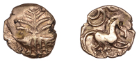 British Iron Age, ICENI, Uninscribed issues, gold Quarter-Stater, Irstead Smiler type, latticed square on two...