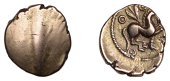 British Iron Age, CANTII, Dubnovellaunos (c. 25 BC - AD 5), gold Quarter-Stater, Trefoil type, plain with trace of...