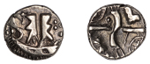 British Iron Age, BELGAE, Uninscribed issues, gold Quarter-Stater, Hampshire Thunderbolt type, stylised boat with...