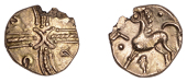 British Iron Age, CATUVELLAUNI, Tasciovanus (c. 25 BC - AD 10), gold Quarter-Stater, Acorn type, crossed wreaths,...