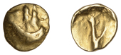 British Iron Age, GALLO-BELGIC, Uninscribed issues, gold Quarter-Stater, series D [Branch type], trace of ‘two men...