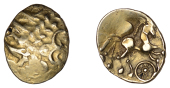 British Iron Age, EAST WILTSHIRE, Uninscribed issues, gold Quarter-Stater, Three Wheels [Right] type, wreath design...