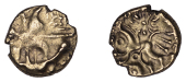 British Iron Age, EAST WILTSHIRE, Uninscribed issues, gold Quarter-Stater, Dahlia Horse Left type, crossed corded...