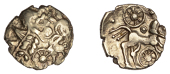 British Iron Age, EAST WILTSHIRE, Uninscribed issues, gold Quarter-Stater, Three Wheels [Right] type, wreath design...